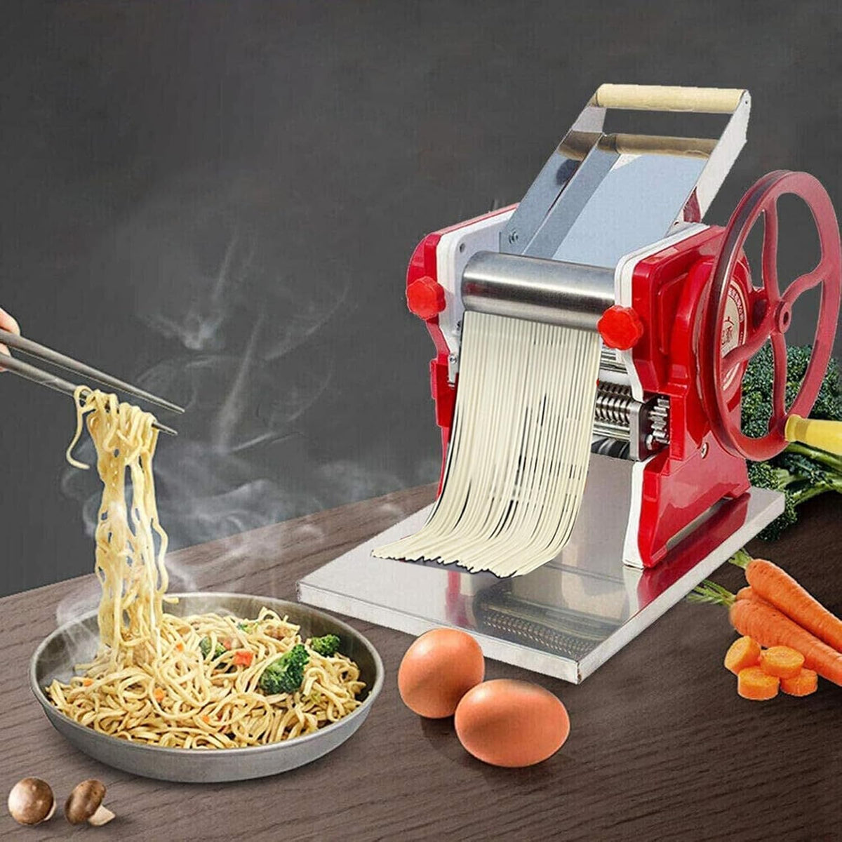 Ruetery Pastamachine van roestvrij staal, rood, instelbare dikte, handmatige pastamachine, commerciële pastamachine, voor spaghetti, fettuccini