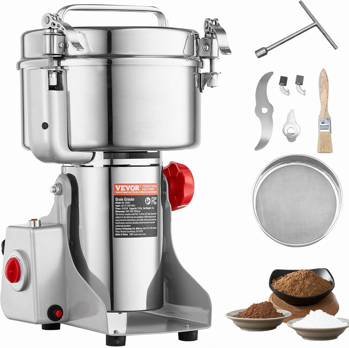Vevor Graanmolens 2500 g elektrische molen, 3400 W, voor granen, commerciële kruidenmolen, roestvrij stalen poedermachine, voor droge granen, koffie