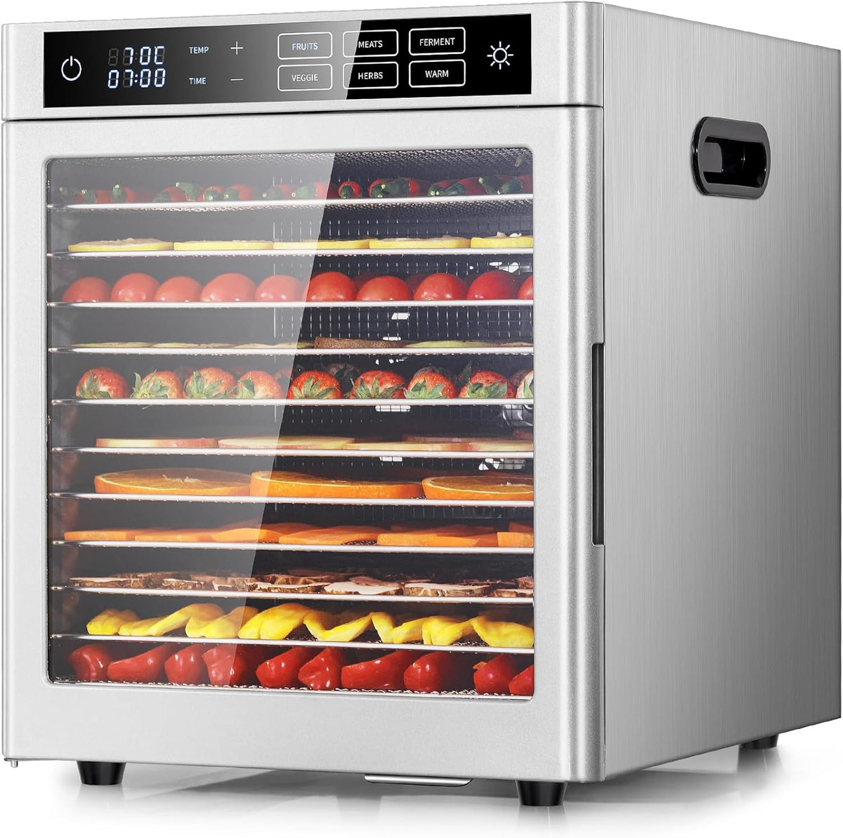 Kwasyo Voedseldroger, 800 W droogautomaat, met 12 etages, 6 voorinstellingen, temperatuurregeling van 85 °C, 24 timers, roestvrij staal, voor fruit