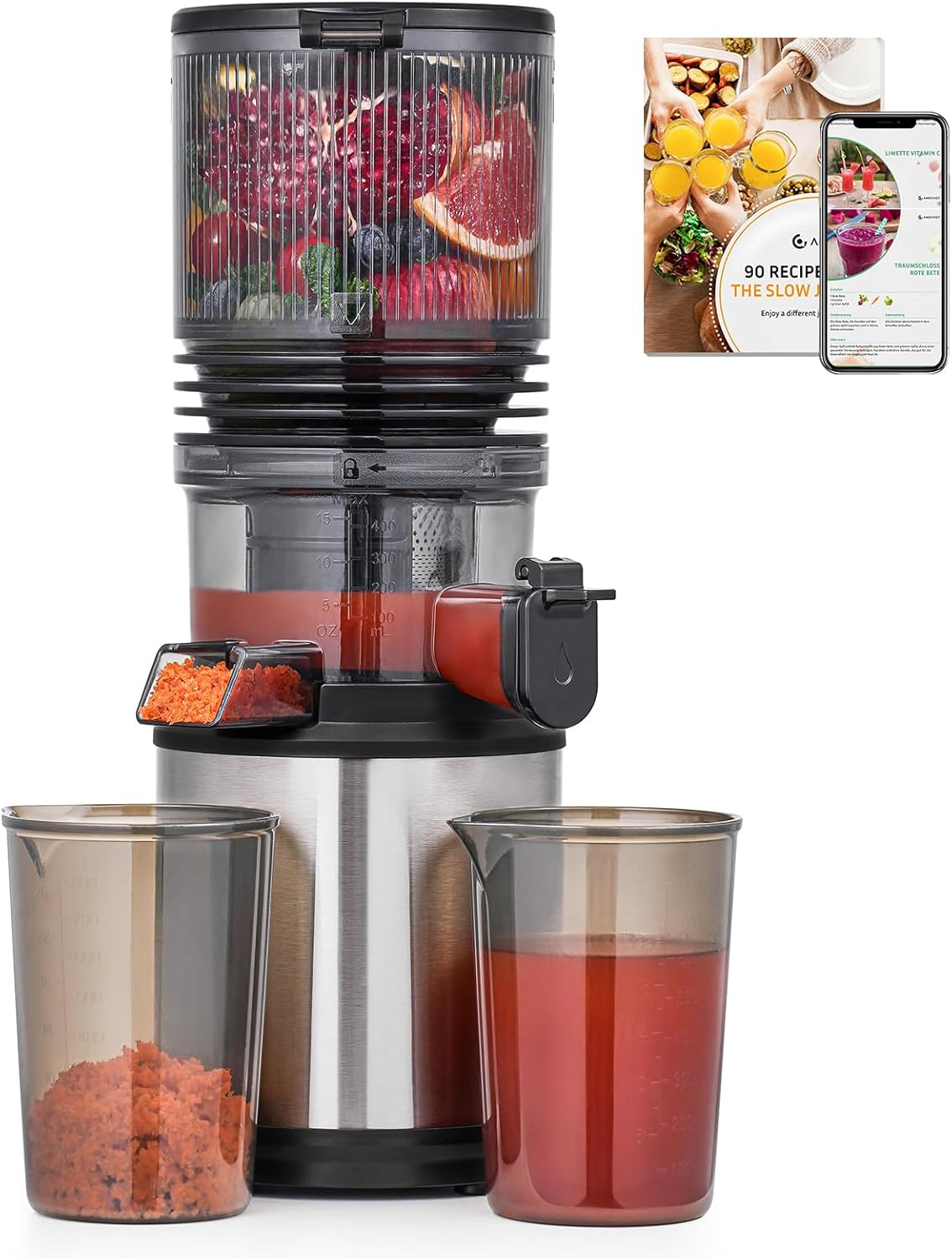 Amzchef Sapcentrifuge Slowjuicer, 160 mm Brede Vulopening en 2 L Vulkamer, 55 toeren/min, Stille 250 W DC-motor tot 45 dB, RVS 3-trapsfilter