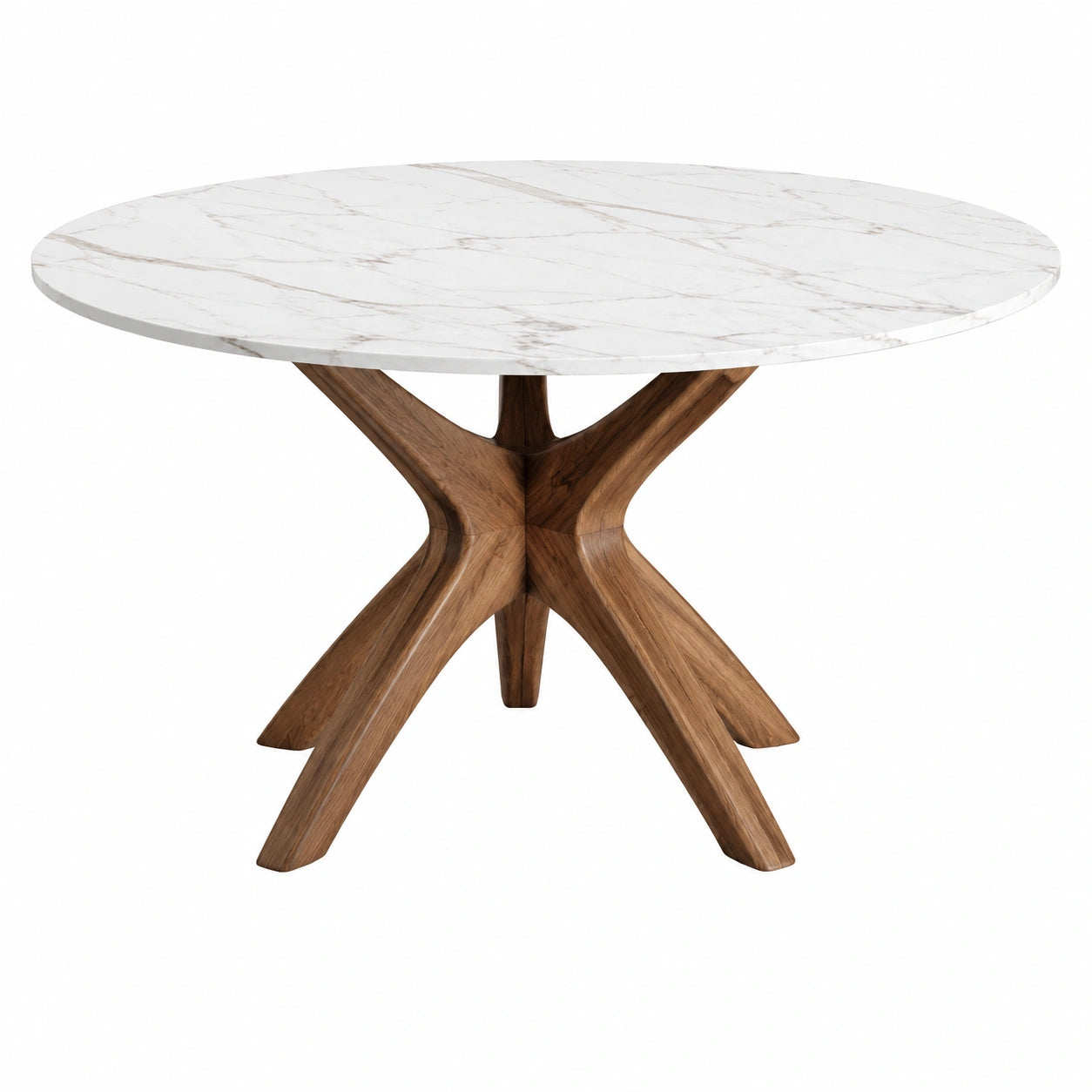 Runder Esstisch mit Marmor-Tischplatte und Holzgestell, 120 cm, Weiß/Braun