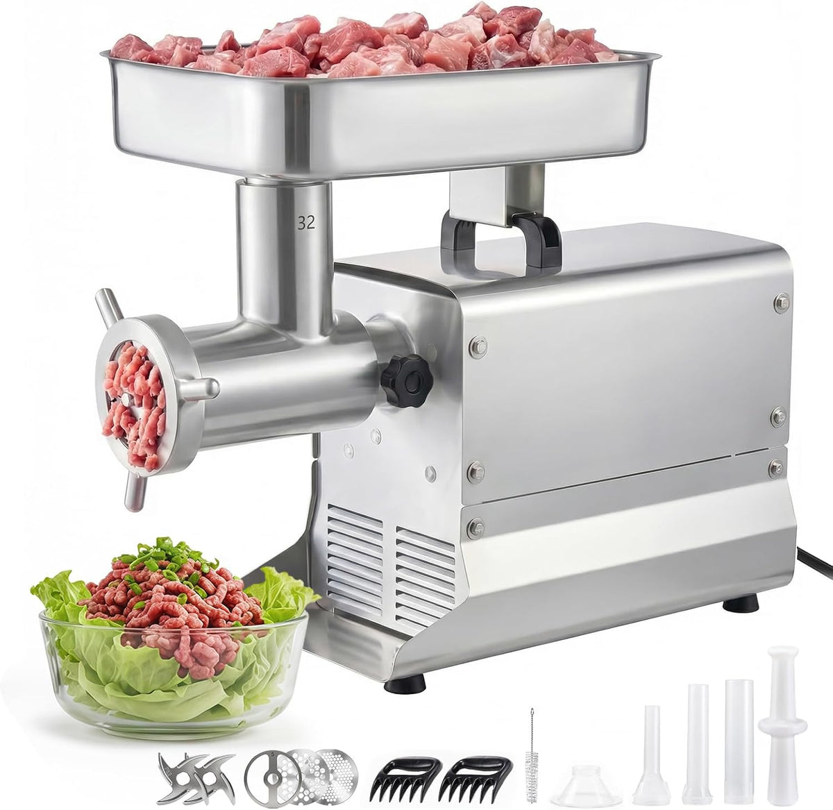 Vevor Vleesmolen Elektrische, 1100 W, capaciteit 9,5 kg/min, met 3 schijven, 3 buizen, voor de keuken, van roestvrij staal, voor worst, salami vlees