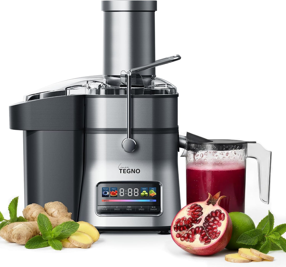 Linea Tegno Sapcentrifuge Super Juicer, voor Groenten & Fruit - 1500W, Extra grote vulopening - 2.5L Pulpbak - 1L Sapbeker, Professionele RVS juicer