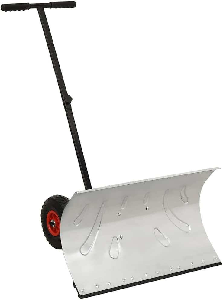 Vglqnrpt Sneeuwschuiver Sneeuwschep, 74 x 46 cm sneeuwschild, met 2 luchtgevulde wielen, met wielen, sneeuwschuiver van verzinkt metaal