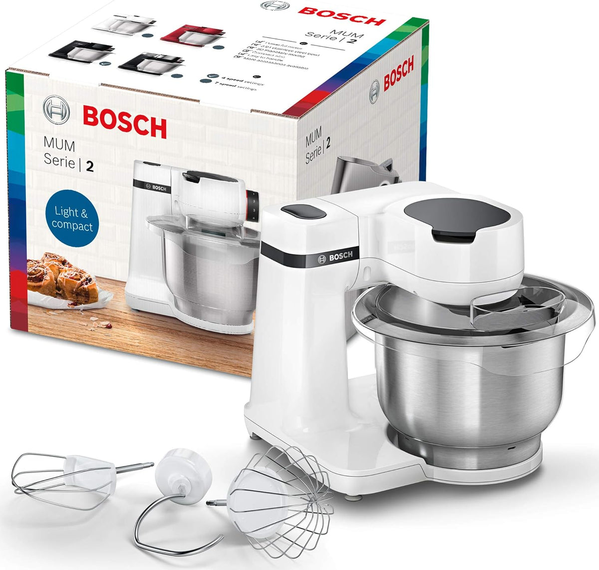 Bosch Keukenmachine MUM Serie 2, roestvrij stalen kom van 3,8 l, 700 watt, 4 snelheidsstanden, MUMS2EW00, wit, garde, roerstaaf en kneedhaak
