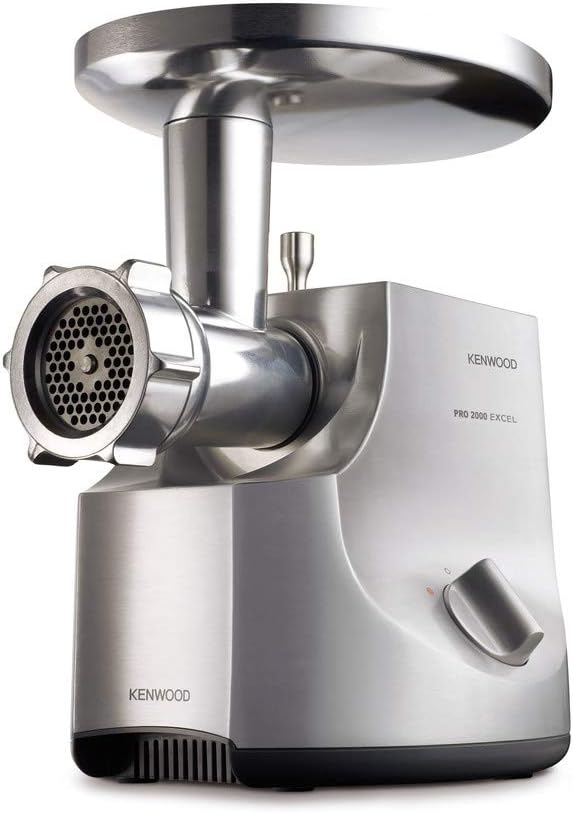Kenwood Vleesmolen MG700, 3 Roestvrijstalen Snijroosters, 2 Worstdraaier Aanzetstukken, 1 Kebab Aanzetstuk, 2000W, Zilver, Grote Metalen Invoerbak