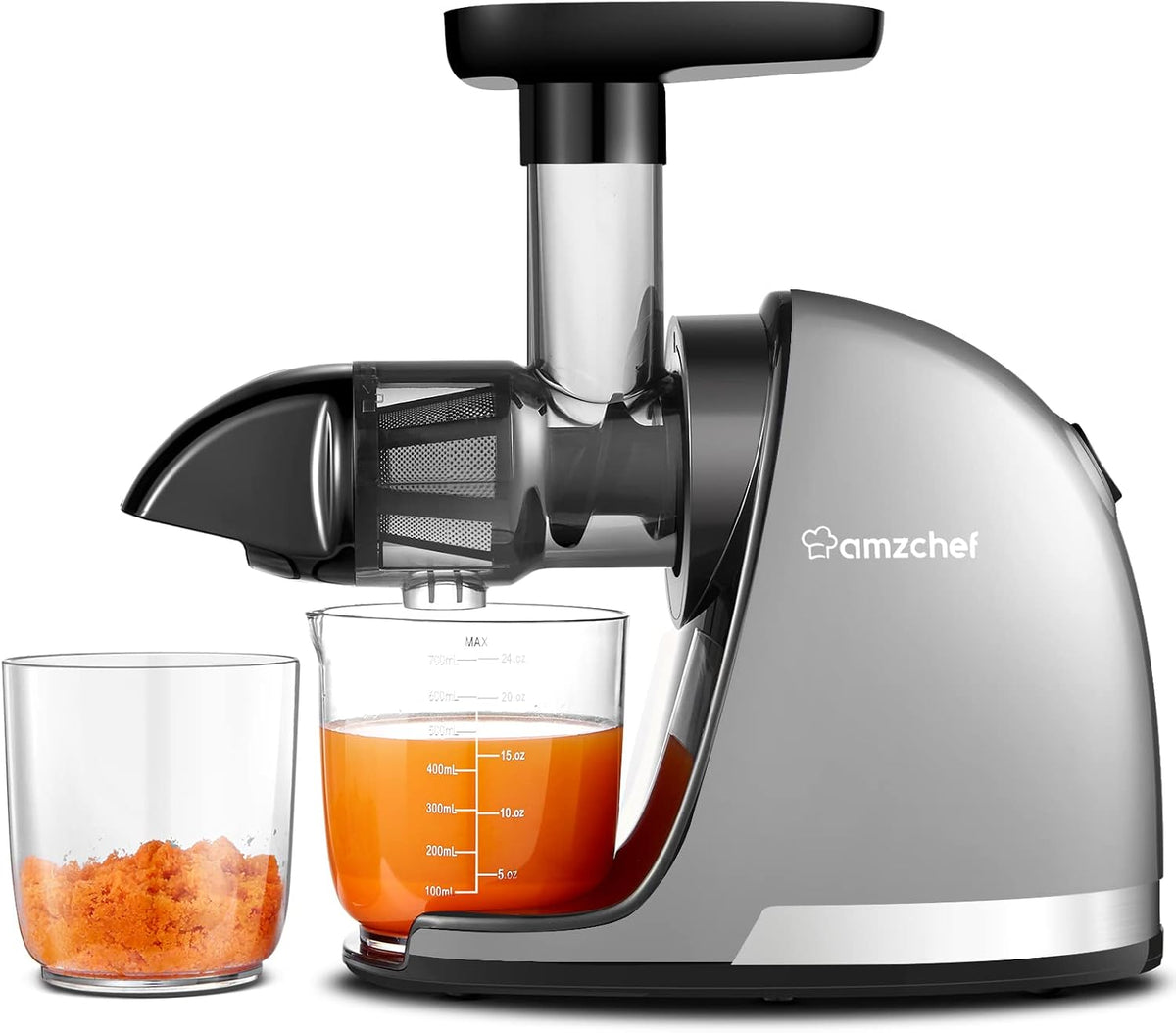 Amzchef Sapcentrifuge Cold Press Slow Juicer Machine, met 2 Kopjes en Borstel, Zilver, Masticating Elektrische Vruchtenpersen, voor Groente en Fruit