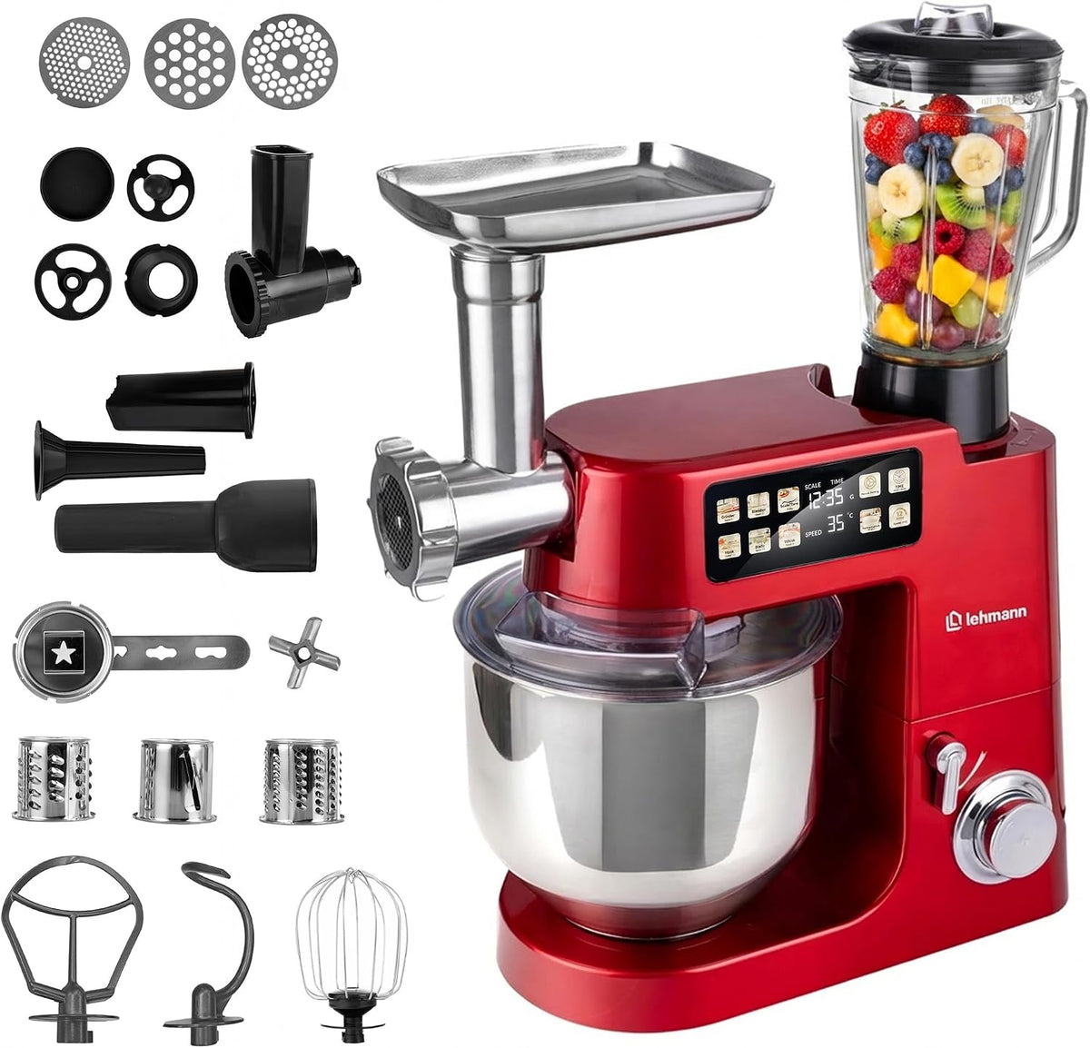 Lehmann Keukenmachine Teyles 2100W 8L, Blender 1,5L, Rood, met Weegschaal, Touchscreen en Verwarmde Mengkom, Planetaire Mixer, Vleesmolen