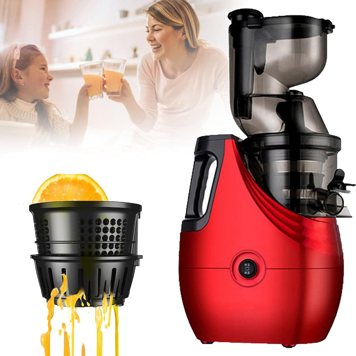 Sxykxydl Sapcentrifuge Slow Masticating Juicer, groenten - 86 mm groot kaliber, 1000 ml hoge capaciteit, rood, Koude pers-extractor, voor fruit