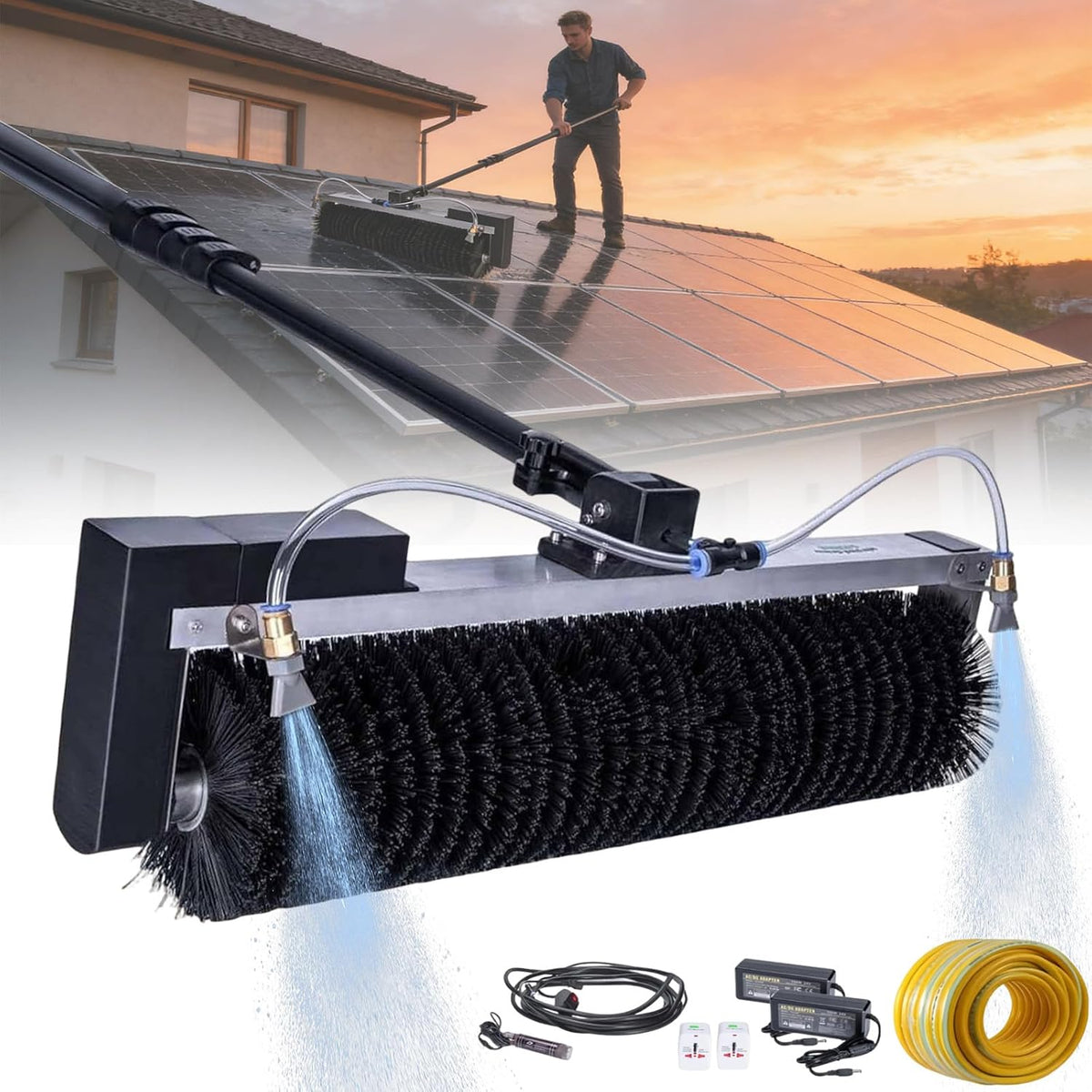 Glasreiniger Sunseota Elektrisch reinigingsgereedschap, 60 cm rolborstelkop, met steel 7.5m/25ft, voor zonnepanelen, reinigingsmachine