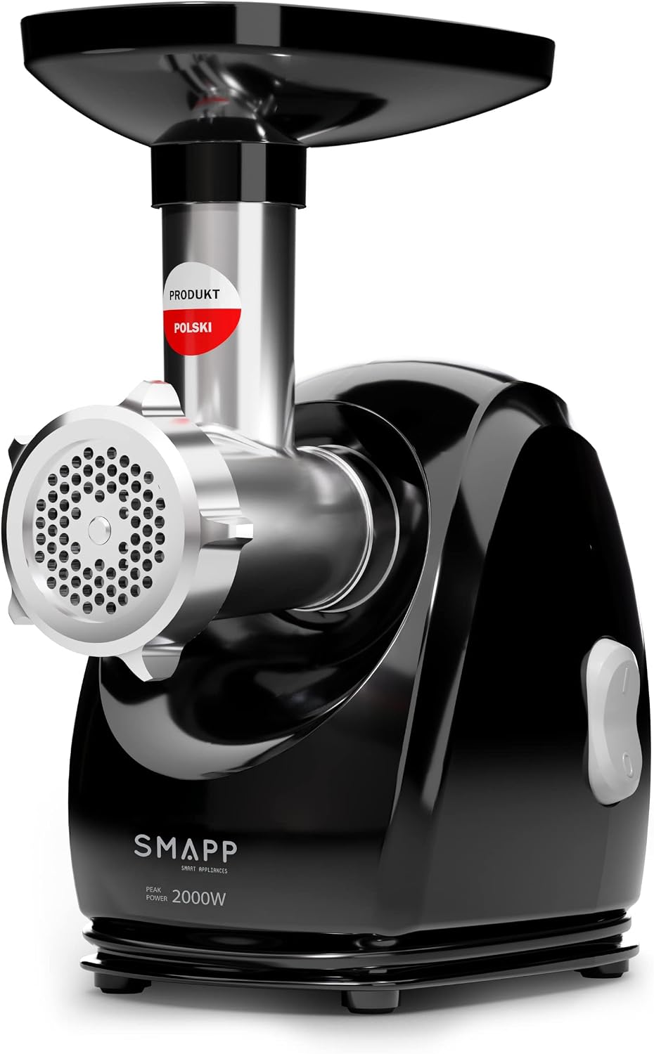 Smapp Vleesmolen 489.8 Elektrische, 2000 W, met gaten (2,7 mm, 4 mm, 8 mm), 3 roestvrijstalen schijven, zwart, worstopzetstuk, compact en stil