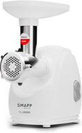 Smapp Vleesmolen 489.8 Elektrische, 2000 W, met gaten (2,7 mm, 4 mm, 8 mm), 3 roestvrijstalen schijven, wit, worstopzetstuk, compact en stil