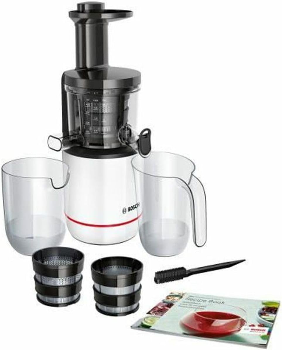 Sapcentrifuge Bosch VitaExtract Slowjuicer, sapcontainer 1000 ml, MESM500W, 150 Watt, wit/zwart, twee filters, voor fruit of groentesappen