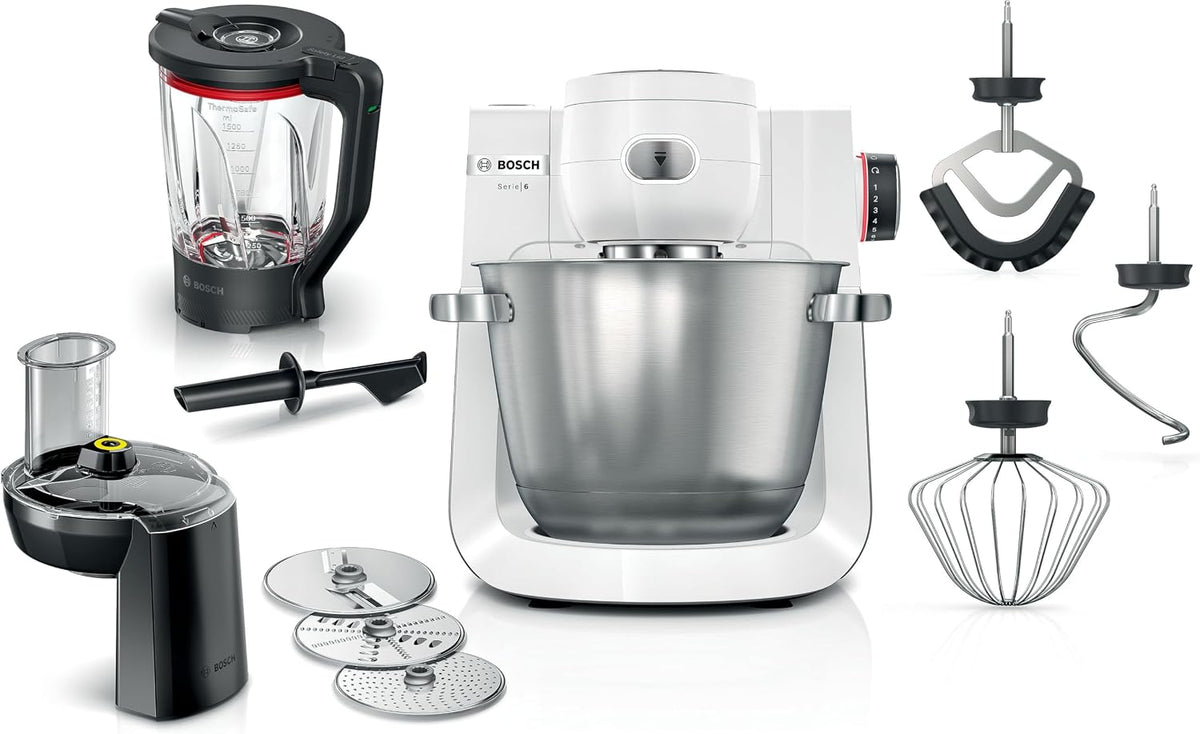Bosch Keukenmachine, Series 6, 1600 watt, 3D Planetary Mixing, MUMS6EW22, wit/zilver roestvrij staal, patisserieset, versnipperaar