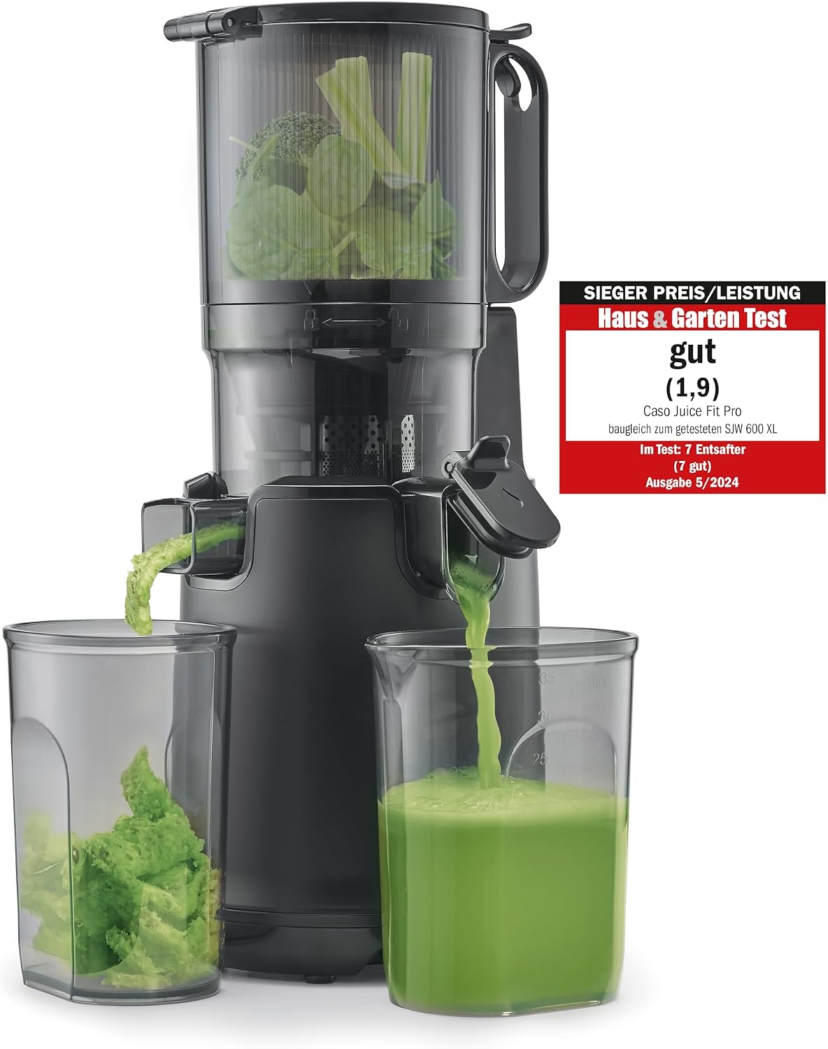 Caso Sapcentrifuge Juice Fit Pro - slowjuicer, laag toerental (40 rpm), grote vulopening van 130 mm Ø, zwart, testwinnaar: Huis & Garden Test