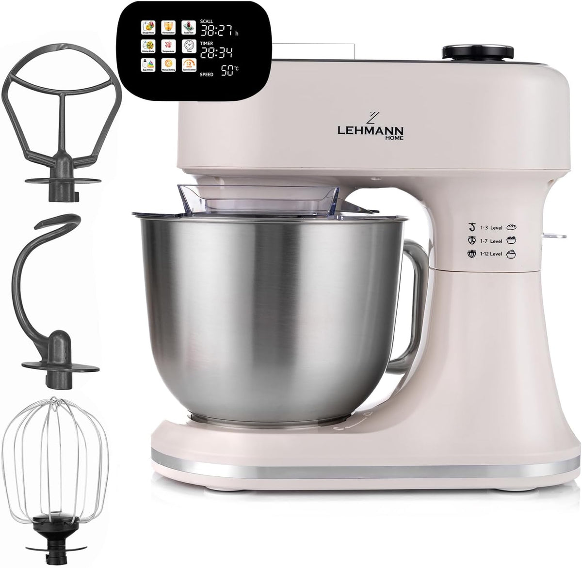 Lehmann Keukenmachine, 1500 W, 12 Snelheden, met 3 Roerinzetstukken en 5 liter Mengkom, Timer, Beige, met Display, Fermentatie en Verwarmingsfunctie