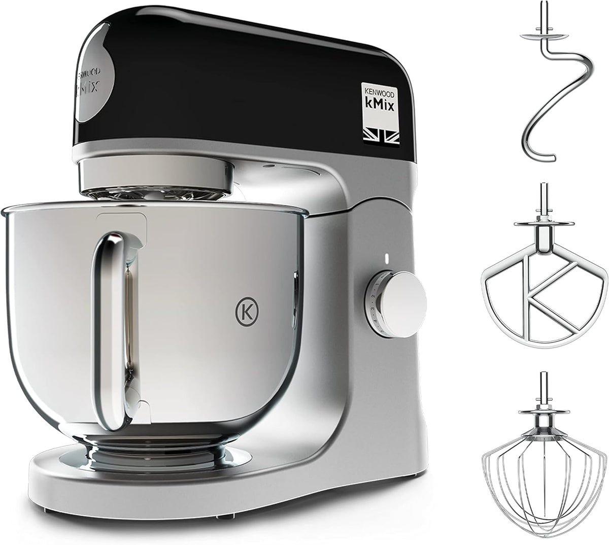 Kenwood Keukenmachine KMix KMX750BK, roestvrijstalen kom van 5 l, inclusief 3-delige deegset en spatbescherming, 1000 watt, zwart, metalen behuizing