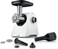 Bosch Vleesmolen MultiPower Serie 6 MFWS607W, 2 gatschijven (4,5 en 8 mm), motorblokvermogen 2.100 W, wit, roestvrij staal, vaatwasmachinebestendig