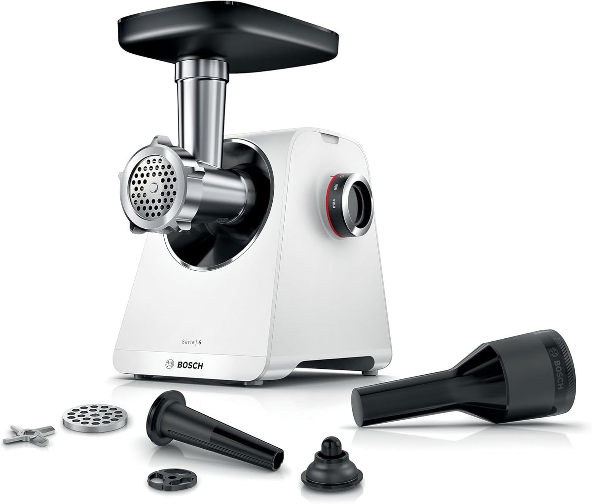 Bosch Vleesmolen MultiPower Serie 6 MFWS607W, 2 gatschijven (4,5 en 8 mm), motorblokvermogen 2.100 W, wit, roestvrij staal, vaatwasmachinebestendig