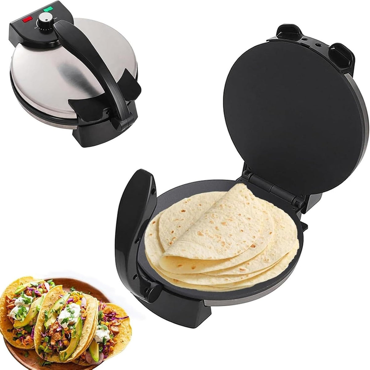 Generisch Broodbakmachine Elektrische tortilla- en roti-pers, compacte platte broodmachine (zilver, antiaanbaklaag, instelbare temperatuur