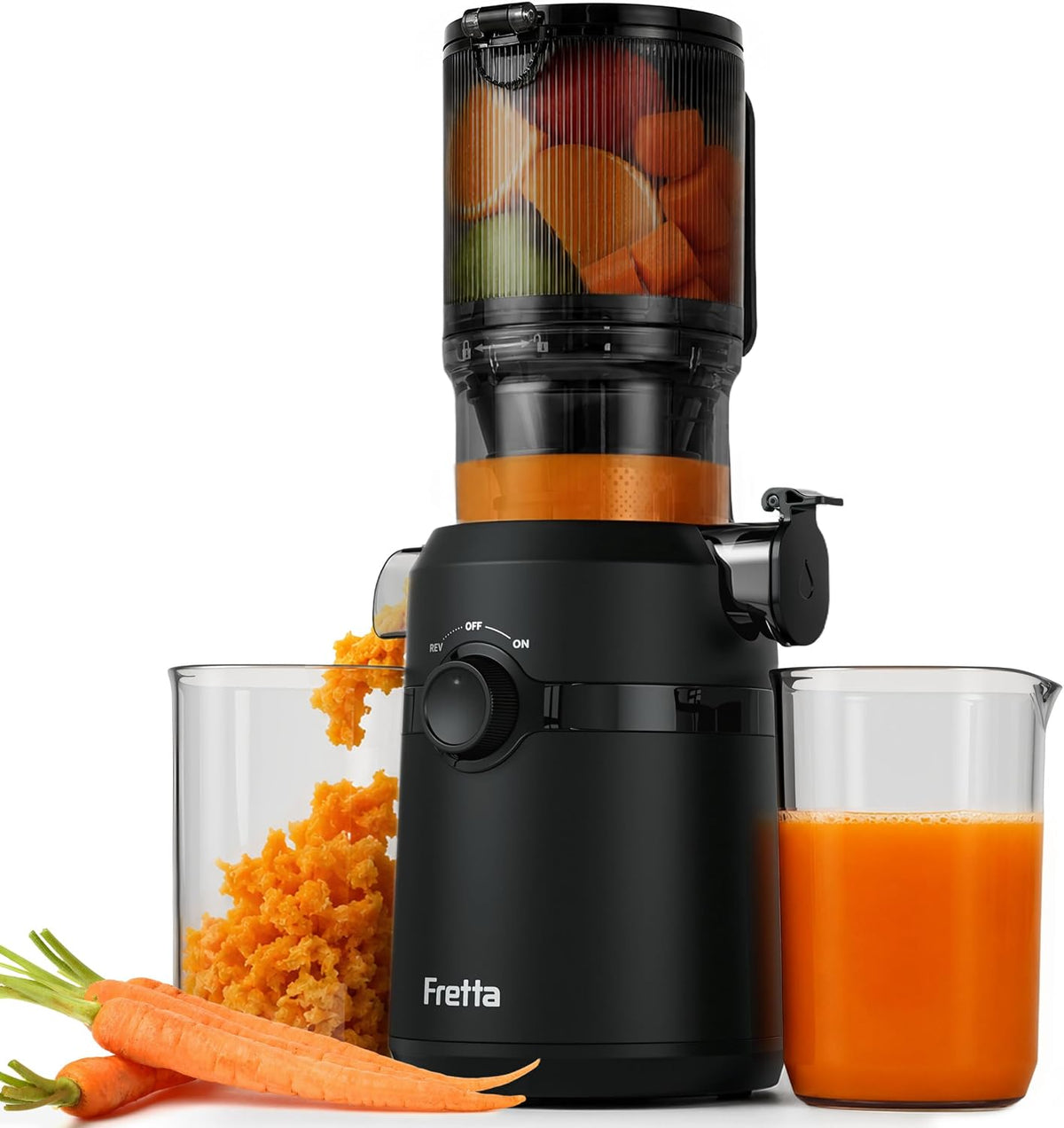 Fretta Sapcentrifuge, met 108 mm breedte en grotere voerbuis, 200 W, Slow Juicer, vulvolume, voor hele groenten en fruit, BPA-vrij tritaanmateriaal