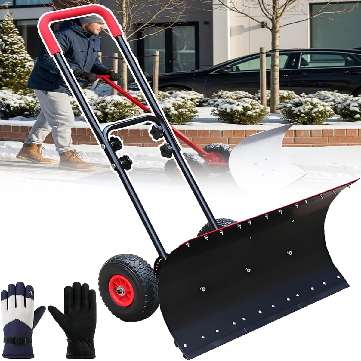 Sneeuwschuiver Heavy, Duty sneeuwschuiver, met wielen, handmatige schop, verstelbaar handvat, antislip rubberen banden, voor krukken, terrassen