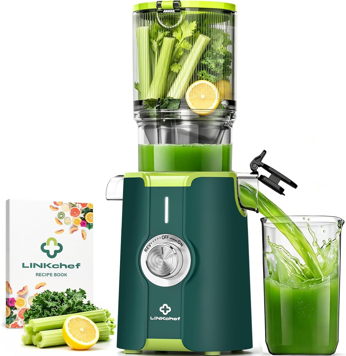 LINKChef Sapcentrifuge Juicer Slow Juicer, met 115 mm grote, 200 W, groen, groente en fruit, testwinnaar, voor hele vruchten/groenten, bliksemreiniger