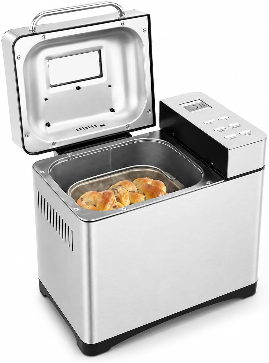 Hurrylying Broodbakmachine Backer Bread Maker, 650 W, 1000 g, 19 functies, 3 bruine standen, 19 programma's, timer, zilver, lcd-display, vers brood