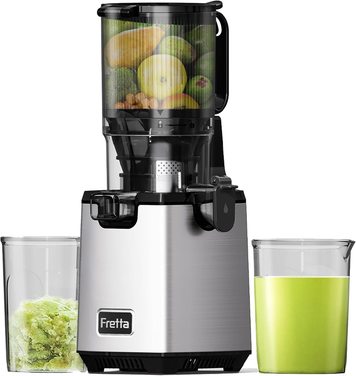 Fretta Sapcentrifuge Juicer Slow Juicer, 250 W, met 130 mm grote opening, voor groenten en fruit, roestvrij staal, sappers, elektrische fruitpers