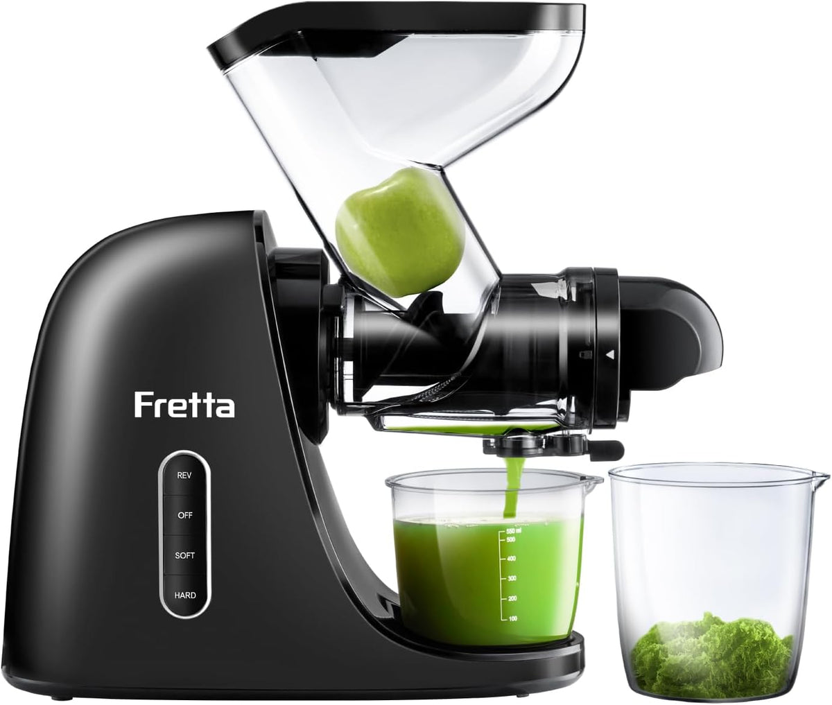 Fretta Sapcentrifuge Juicer Slow Juicer, 200 W, 76 mm grote opening, BPA-vrij (Zwart), roestvrijstalen sapcentrifuge, voor groenten en fruit