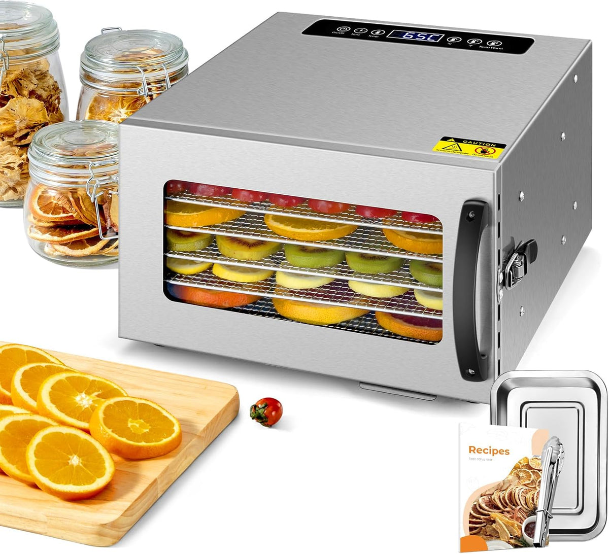 Kwasyo Voedseldroger, max. 24 uur, 30~90 °C temperatuurinstelling, vlees en chili-400W, BPA-vrij, fruitdroger, met gratis receptenboek, droogautomaat