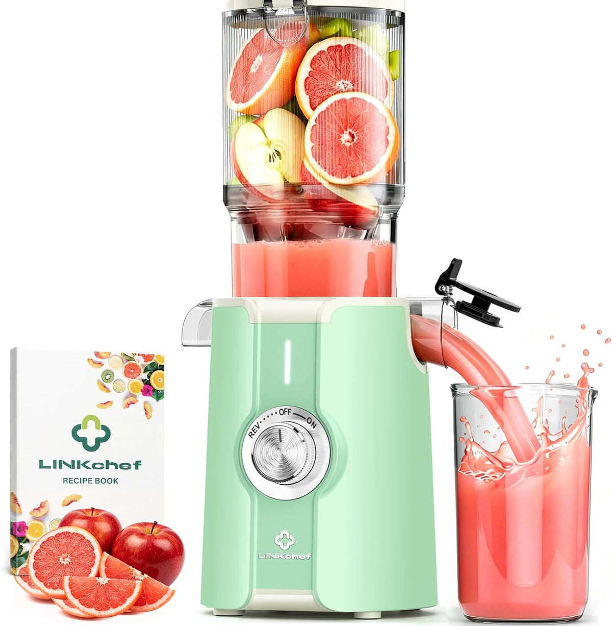 LINKChef Sapcentrifuge Juicer Slow Juicer, met 115 mm grote, 200 W, groente en fruit, testwinnaar, voor hele vruchten/groenten, blikreiniger, BPA-vrij