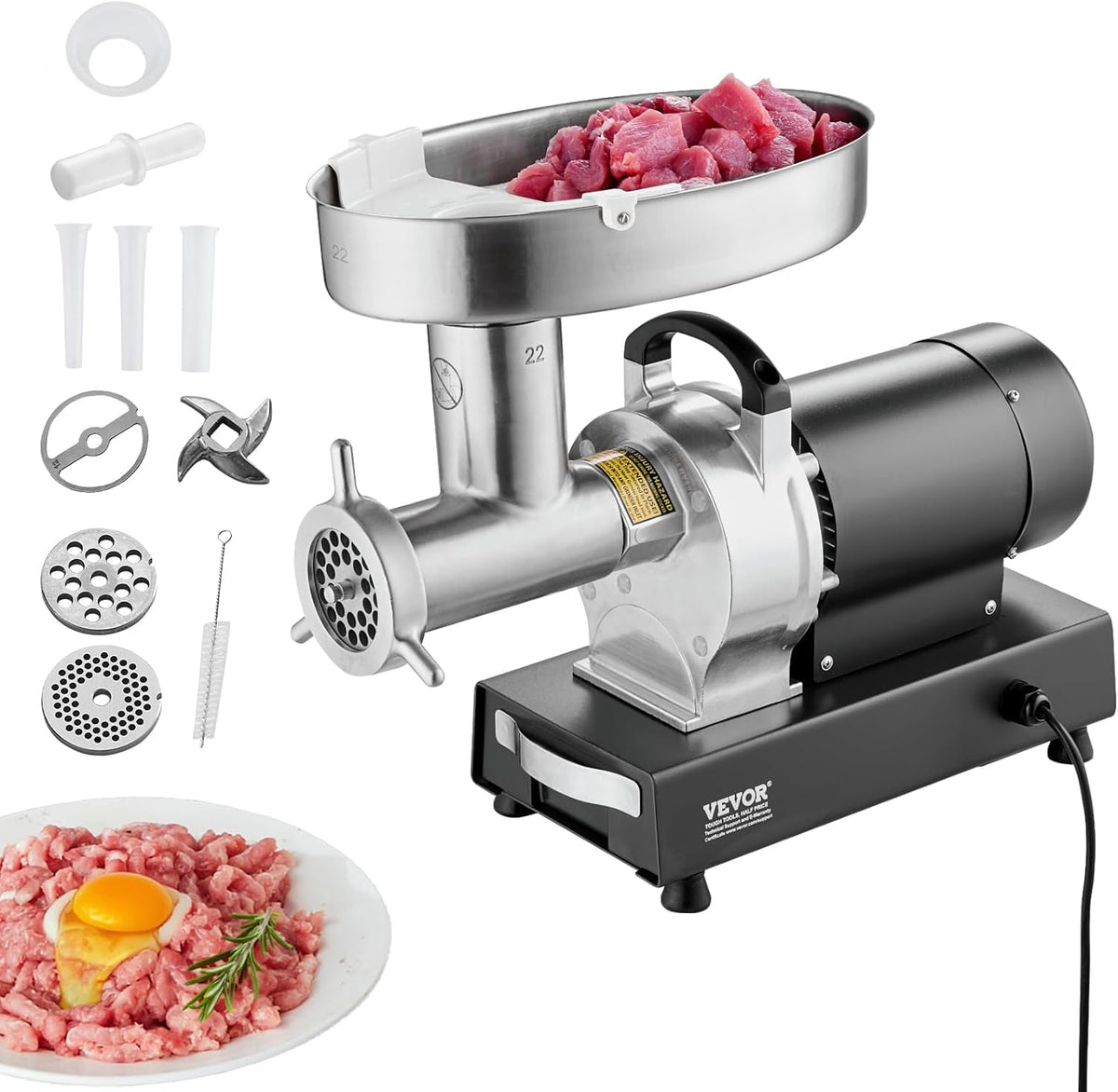 Vleesmolen Vevor Commerciële elektrische worstmachine 6,35 kg/min. 750 W, industriële vleesmolen, met mes en maalplaat, voor keuken en restaurant