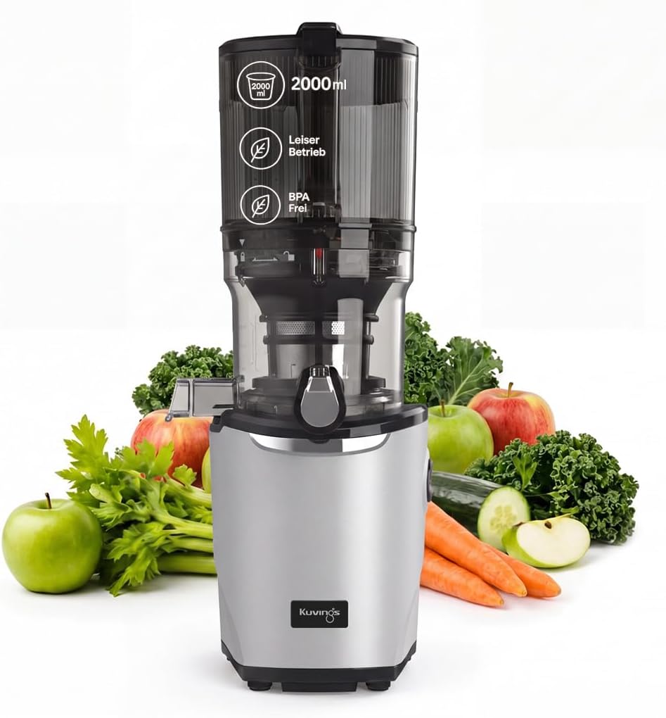 Kuvings Sapcentrifuge AUTO9 Koudpers-, 2 liter auto-hopper, 2-in-1 sap en sorbet (mat lichtzilver), handsfree slow juicer, voor groenten en fruit