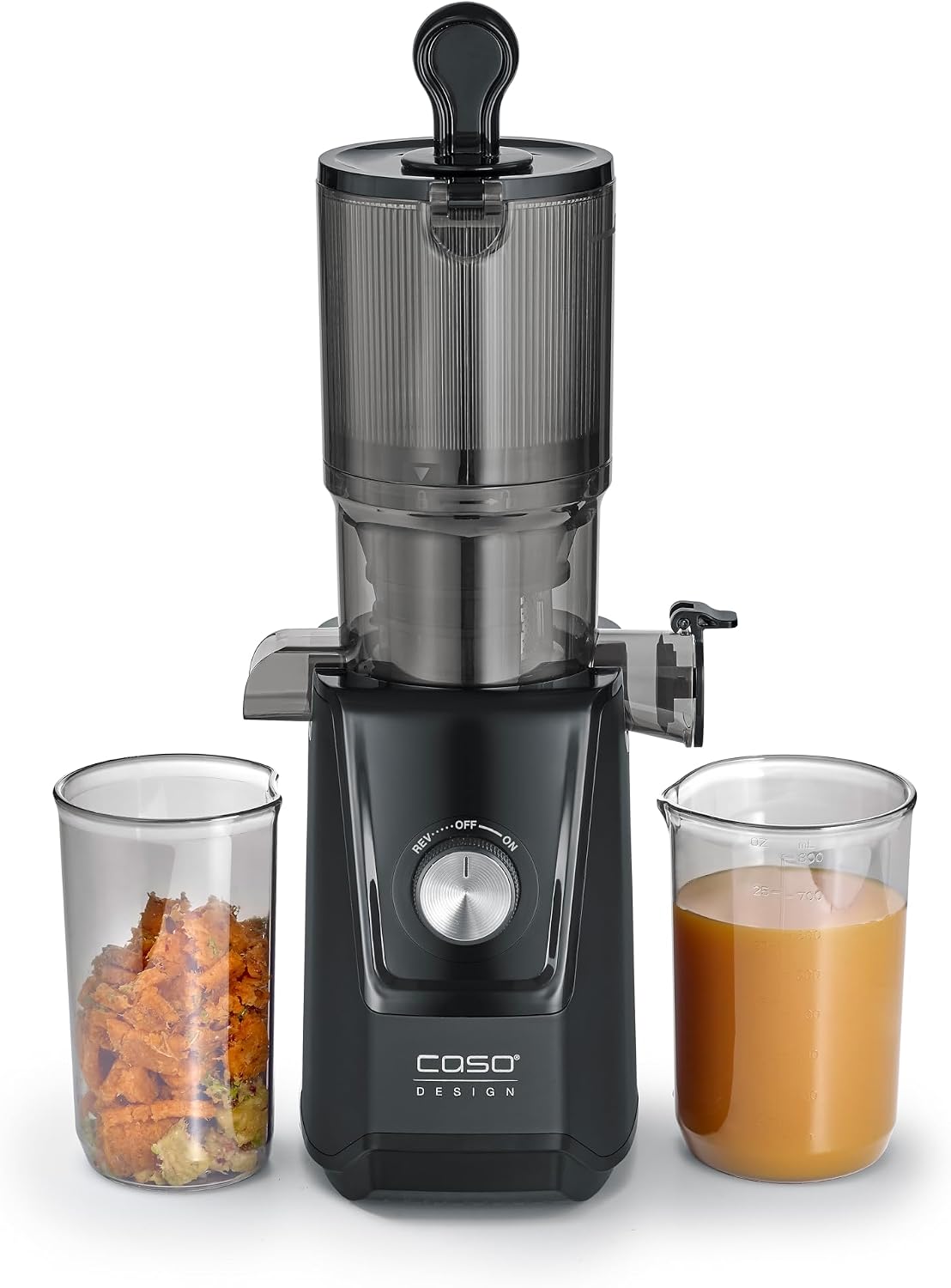 Caso Sapcentrifuge JuiceFit Compacte slowjuicer, grote vulopening van 105 mm, 2 x 800 ml container & borstel, zacht koud sap (50-70 tpm), matzwart