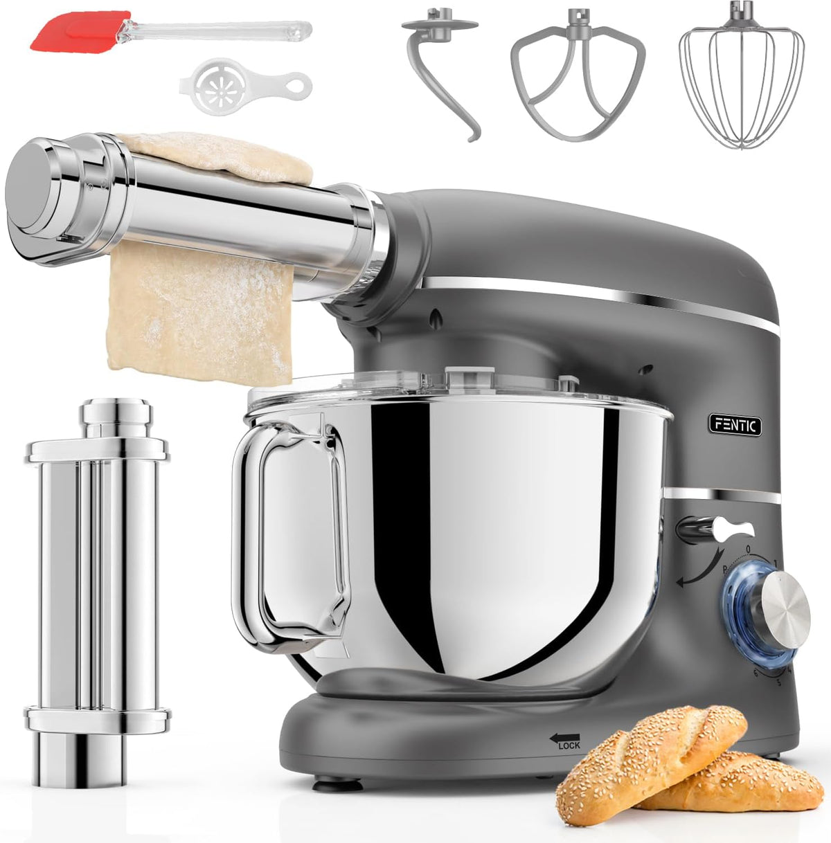 Keukenmachine Fentic, met Pastamachine – 2000W, Pasta Sheet Roller - 6,2L Mengkom (Antraciet), Keukenrobot