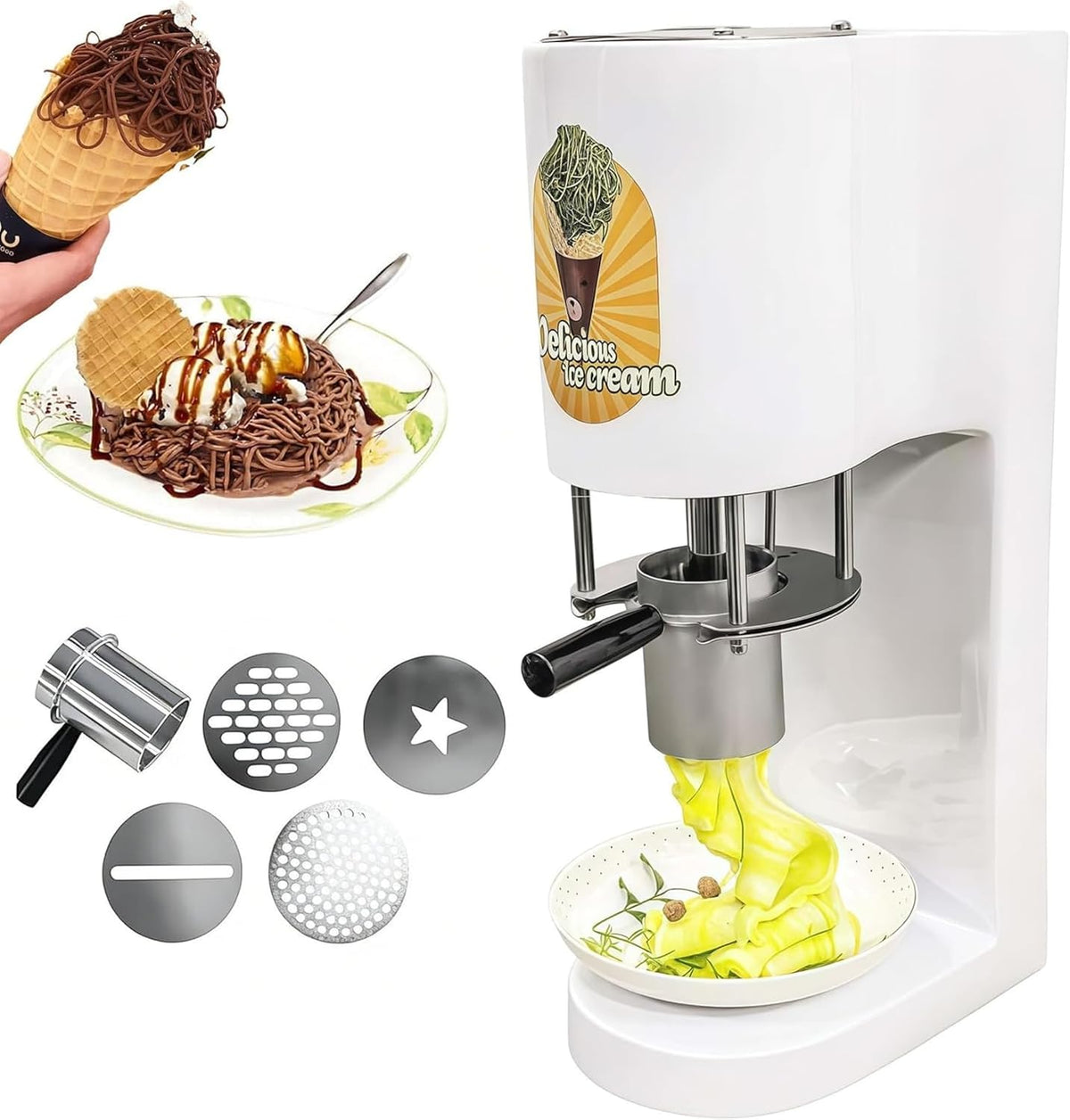 Ijsmachine, 28-30 l/u, met 4 vormen, elektrische spaghetti-noedelmachine, voor thuisfeesten en snackbars, om leuke ijstraktaties te creëren