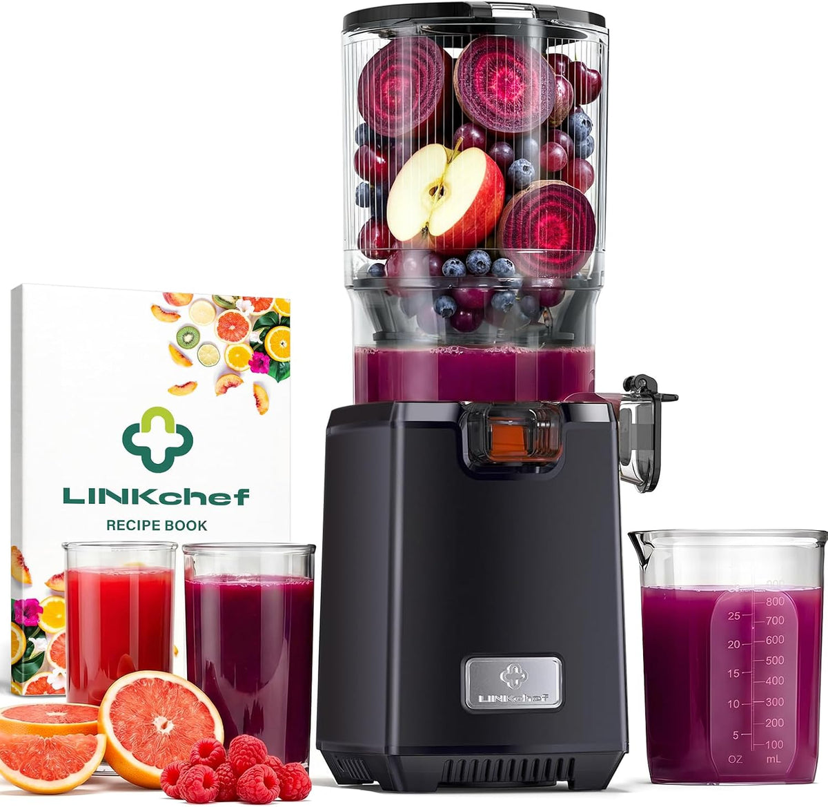 Sapcentrifuge LINKChef Slowjuicer 250W Koudpers, 13 cm Brede Vulopening, 1,8 L Sapreservoir, Inclusief Receptenboek, voor Groente en Fruit, BPA-vrij