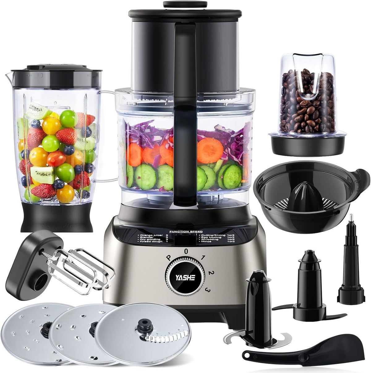 Yashe Keukenmachine Multifunctionele, met 2,5 l kom en 1,5 l mengbeker, 1300 W, 11-in-1 blender, 3 snelheden, blender, hakmolen, pulsfunctie