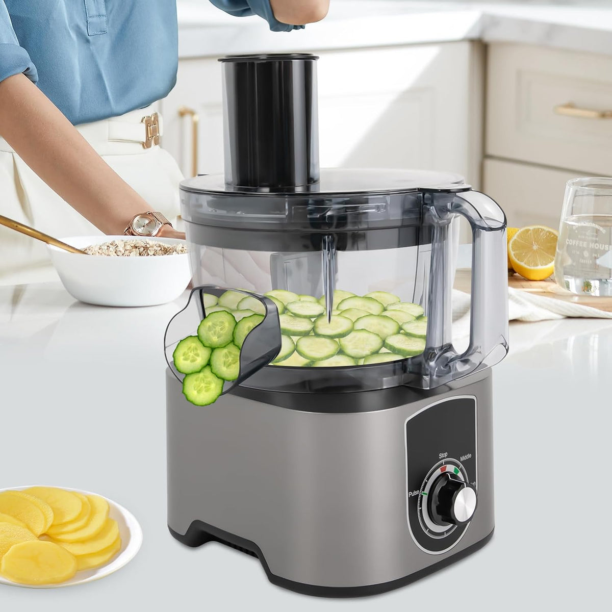 KenSyuInt Keukenmachine Elektrische groenteschaaf, 600 W, 7 liter, 3-in-1, kubussnijder, fruitsnijmachine, groenteblokmachine, kubussnijmachine