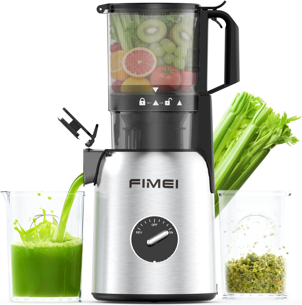 Fimei Sapcentrifuge, 135 mm breedte en grotere voerbuis, met 2 glazen, voor hele groenten en fruit, gemakkelijk te reinigen slowjuicer