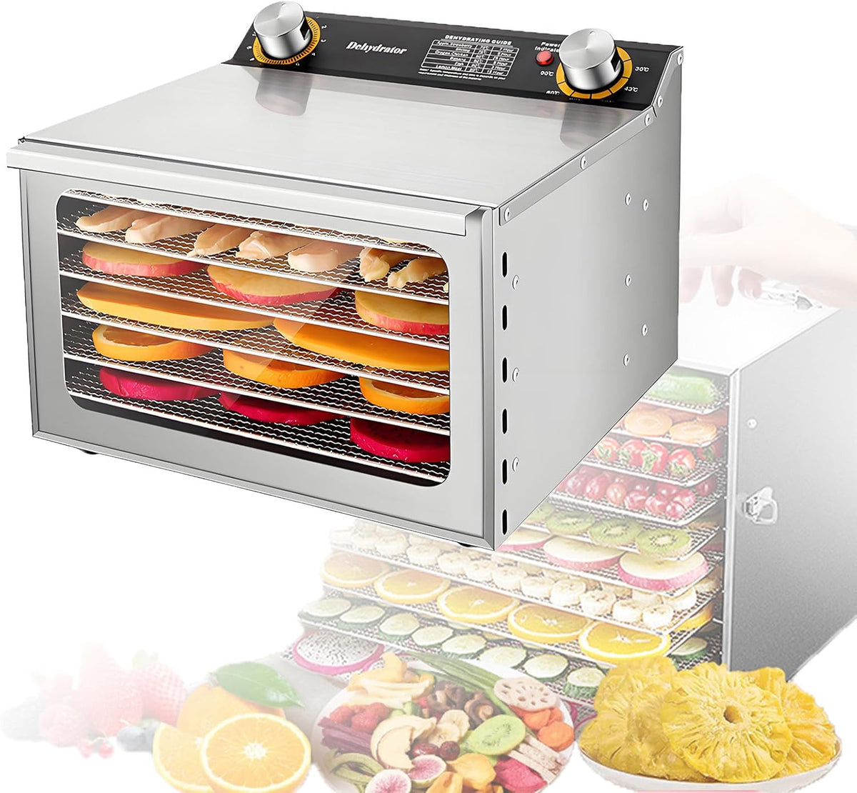 EpyGnom Voedseldroger Fruitvriesdroger, voor Thuisgebruik Timing 0-12 Uur Temperatuurregeling 30-90 °C Roestvrijstalen Voedseldroger en Dehydrator
