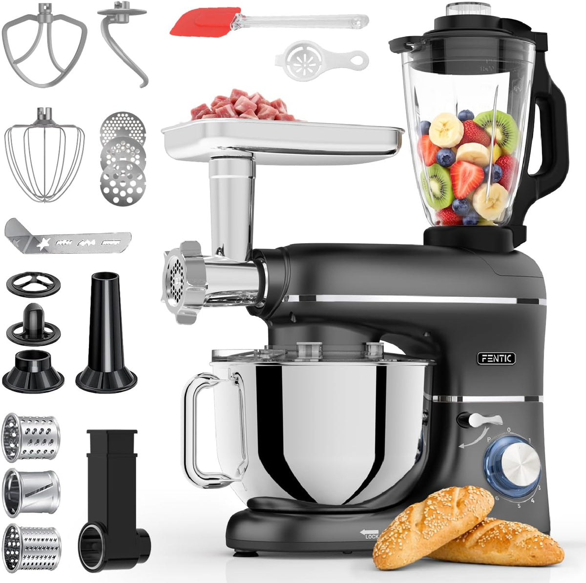 Fentic Keukenmachine – 2000W, Foodprocessor - 6,2L Mengkom, Incl. Vleesmolen, Blender en extra Accessoires (Zwart), Keukenrobot
