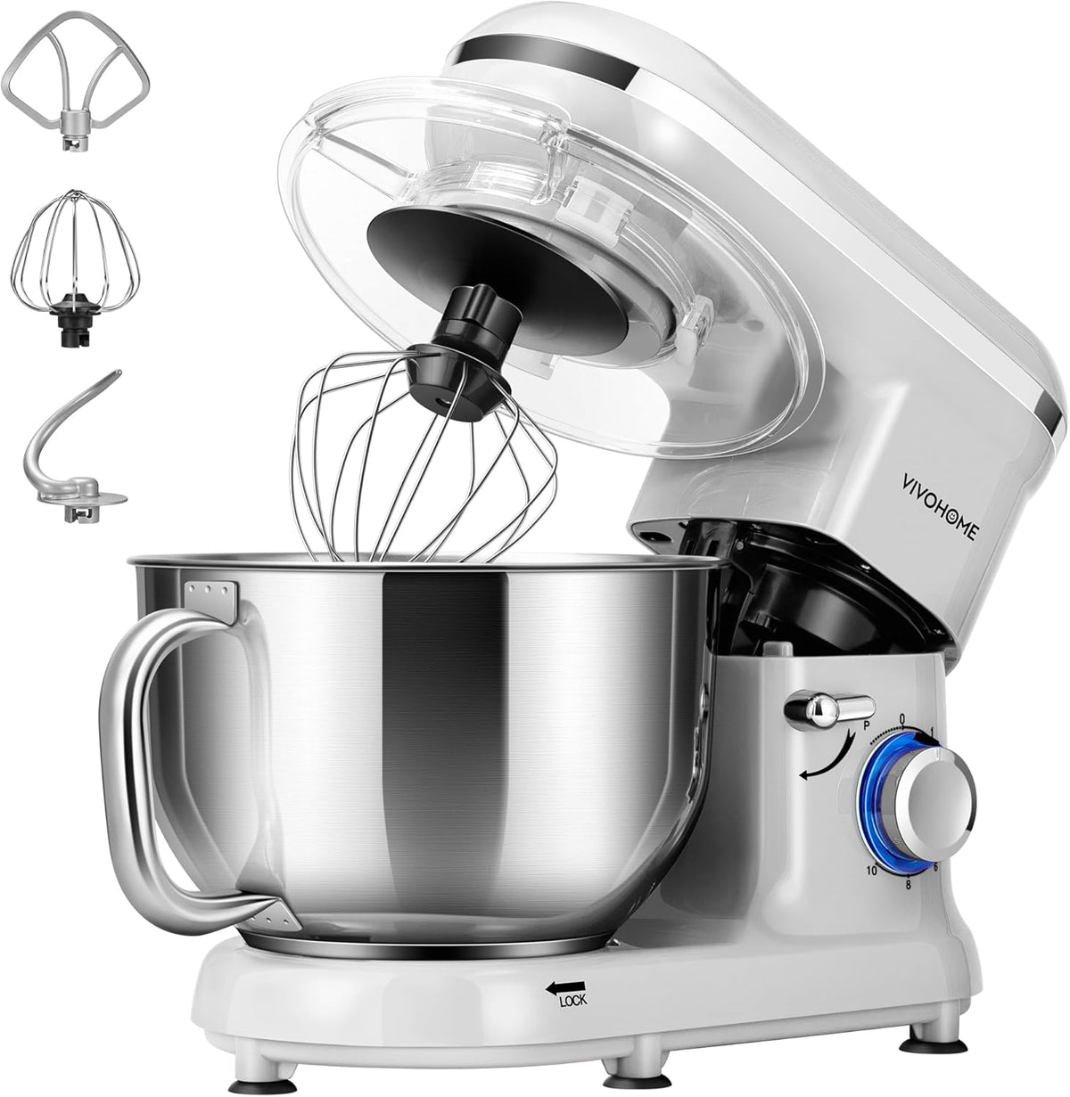 Vivohome Keukenmachine 5,7L Kneedmachine1500W, met 10 Snelheden, Garde en Eigeelscheidern Zilver, Pulsfunctie, Deegmachine, met Spatbescherming