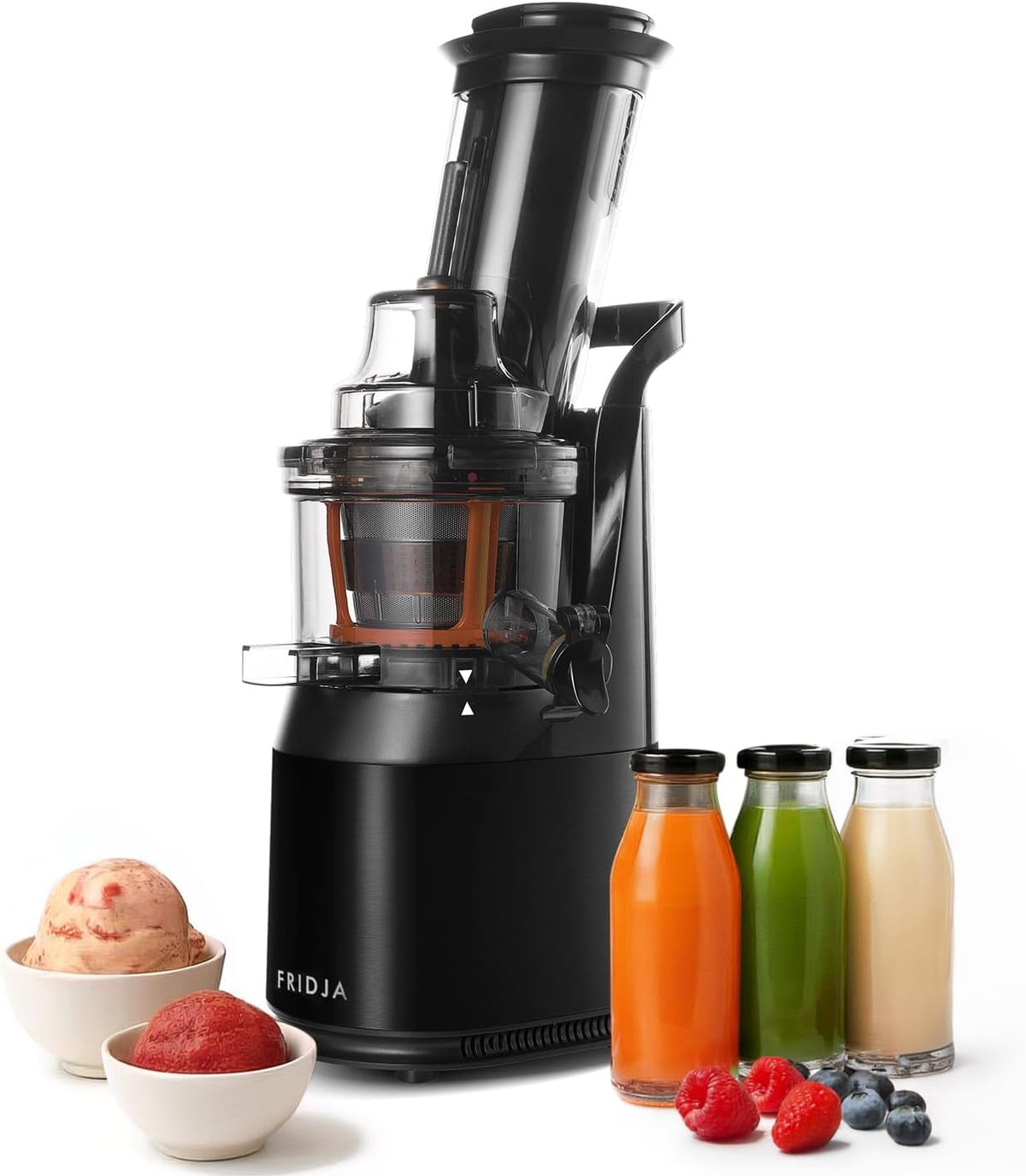 Fridja Sapmachines met enkele vijzel Krachtige mastixeerpers, 75 mm voederschacht, zwart roestvrij staal Fridja f1900...., 240 watt, sorbet, ijs