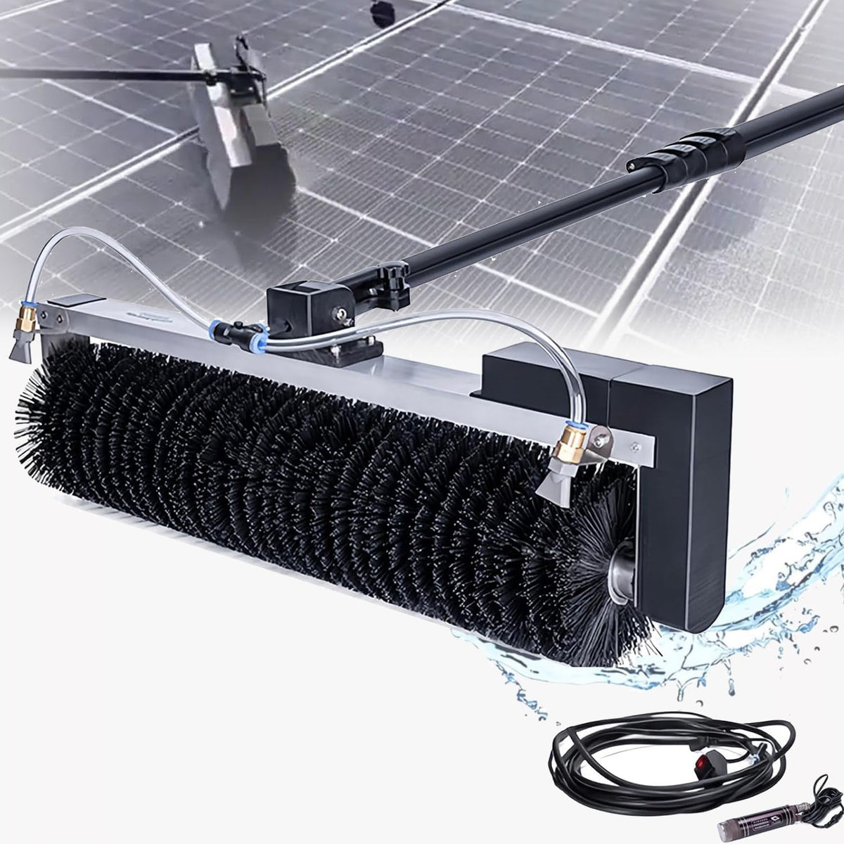 Gayayas Uitschuifstokk Reinigingsmachine, 60 cm rolborstelkop, 3.5m/11.4ft, geschikt, voor zonnepanelen, elektrische watergevoede paalset