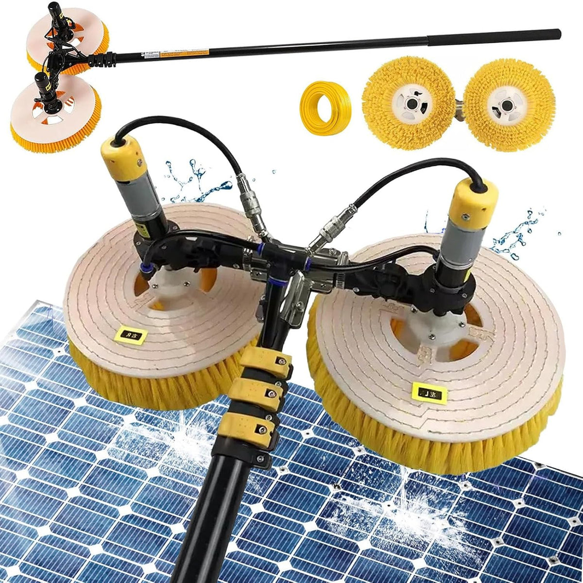 asdchZen Raamzuiger Pv-paneel wassen reinigingsmachine, 65 cm dubbele kop zonnepaneel reinigingsset, 3,5 m, telescopische staaf, elektrisch water