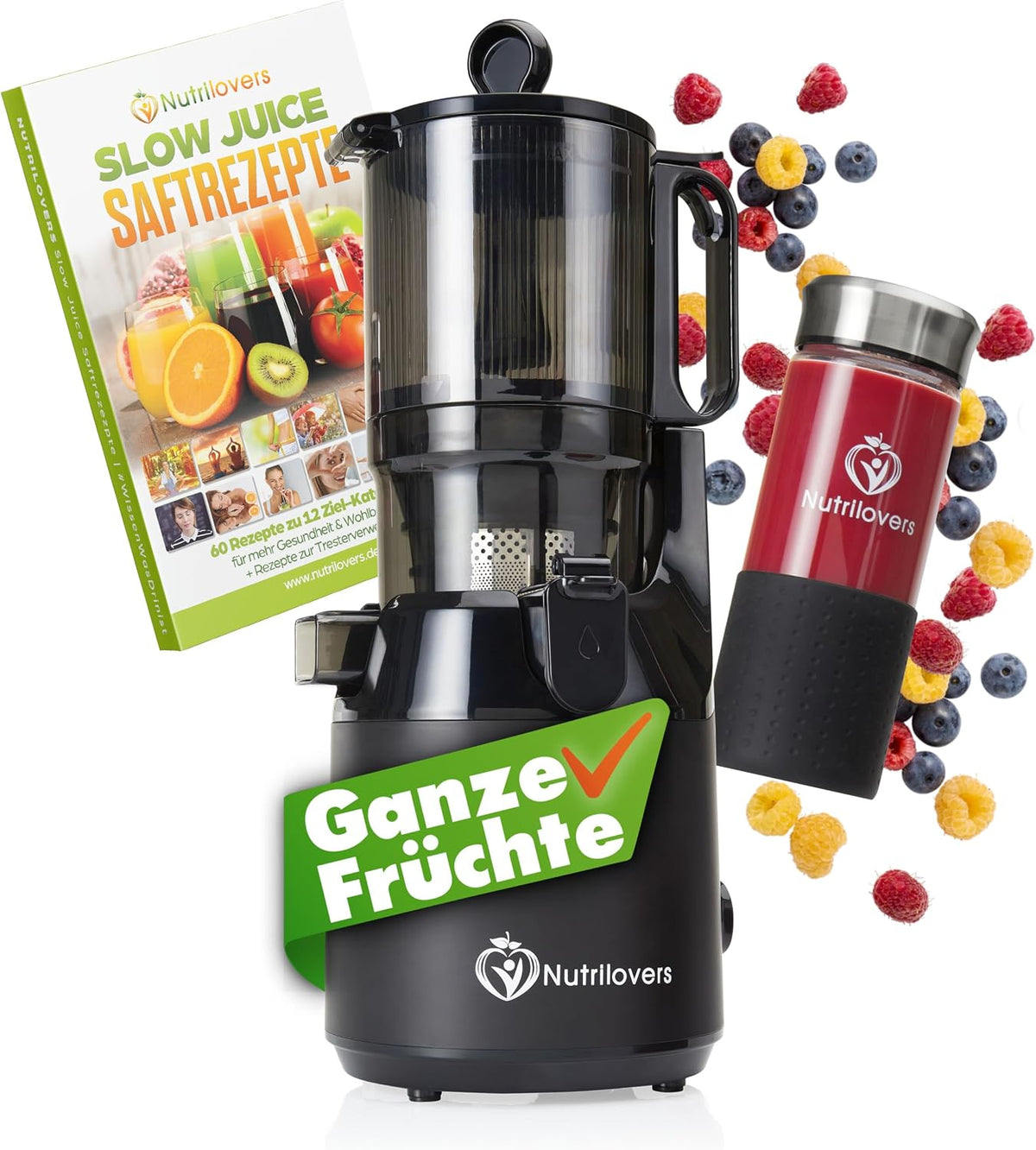 Nutrilovers Sapcentrifuge Nutri, met XXL opening van 130 mm, incl. sapfles, Press MAX hele vruchten sap slow juicer slow juicer koude pers, BPA-vrij