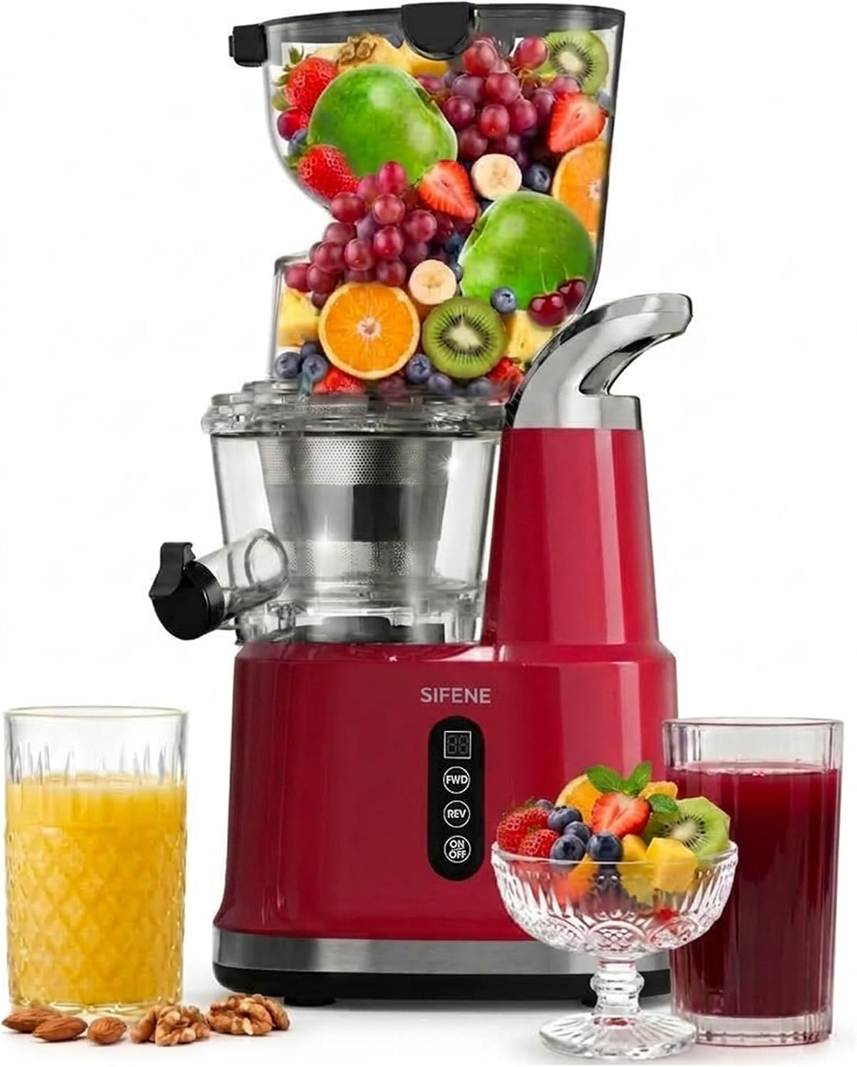 Sifene Sapcentrifuge AMR8824 Koude persmachines, Grote Mond 83mm Opening Hele Langzame Masticerende Juicer, Puur Rood, voor Volle Fruit & Veg Juice