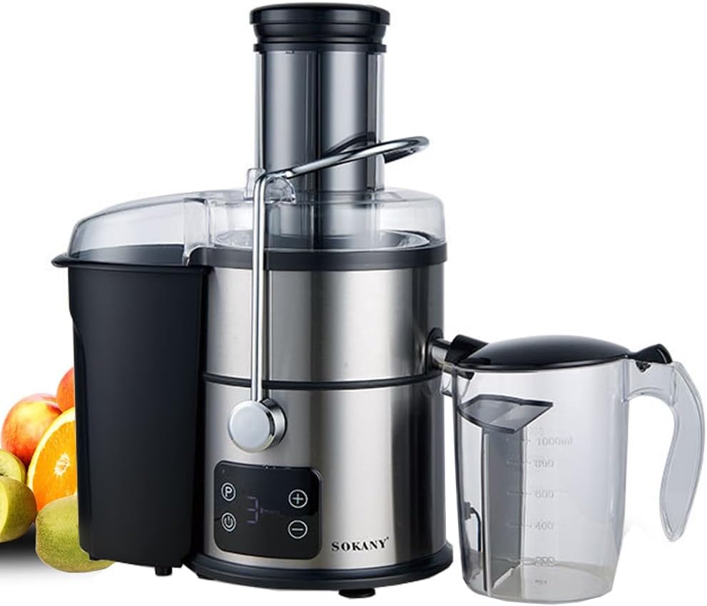 Sokany Sapcentrifuge 1200 W, grote vulopening van 85 mm, 5 snelheden, zwart/roestvrij, voor groenten en fruit, lcd-touchscreen en quick-juicer